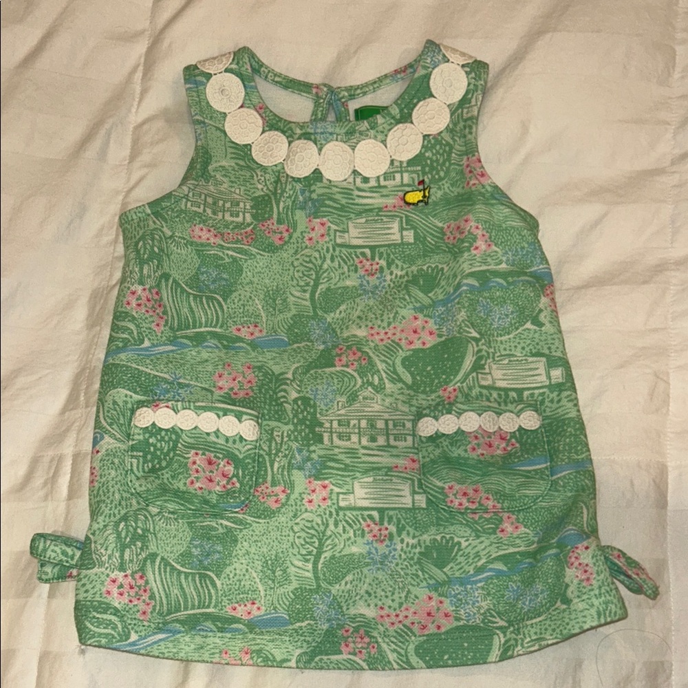 2024 Masters Green Sleeveless Dress with Pink Floral Pattern
